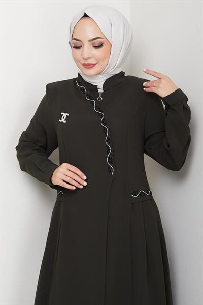 Broşlu Büyük Beden Ferace Haki HM2843