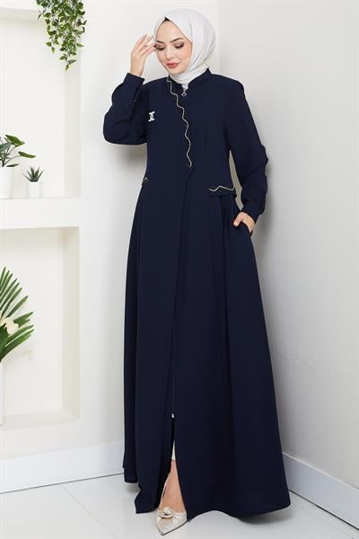 Broşlu Büyük Beden Ferace Lacivert HM2843