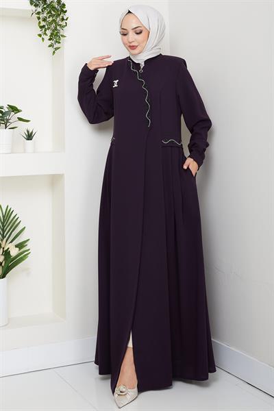 Broşlu Büyük Beden Ferace Mürdüm HM2843