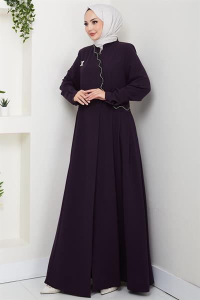 Broşlu Büyük Beden Ferace Mürdüm HM2843