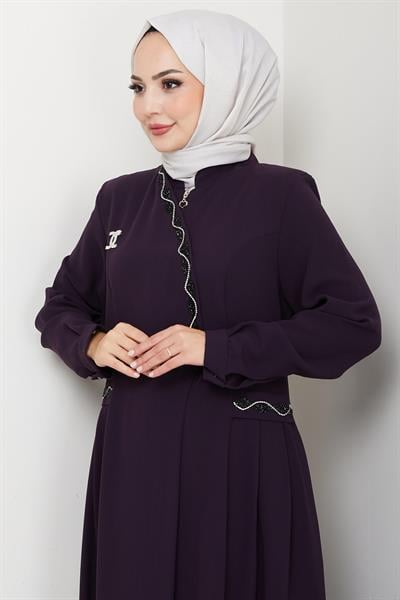 Broşlu Büyük Beden Ferace Mürdüm HM2843