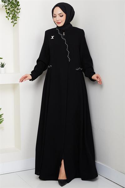 Broşlu Büyük Beden Ferace Siyah HM2843
