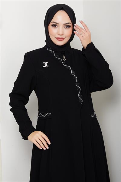 Broşlu Büyük Beden Ferace Siyah HM2843