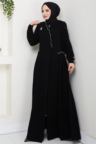 Broşlu Büyük Beden Ferace Siyah HM2843