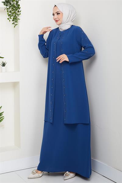 Büyük Beden Boncuklu Taşlı Anne Elbisesi İndigo HM2693