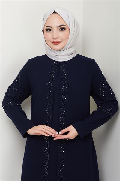 Büyük Beden Boncuklu Taşlı Anne Elbisesi Lacivert HM2693