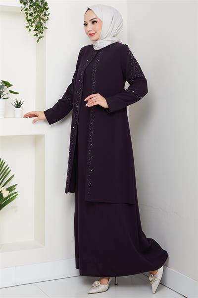 Büyük Beden Boncuklu Taşlı Anne Elbisesi Mor HM2693