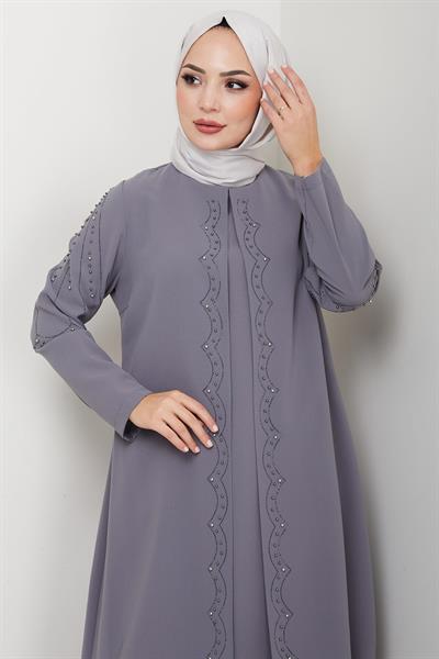 Büyük Beden Boncuklu Taşlı Anne Elbisesi Gri HM2693