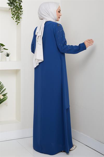 Büyük Beden Boncuklu Taşlı Anne Elbisesi İndigo HM2693