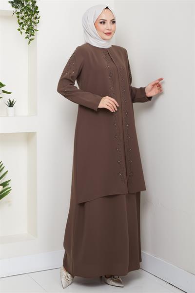 Büyük Beden Boncuklu Taşlı Anne Elbisesi Kahverengi HM2693