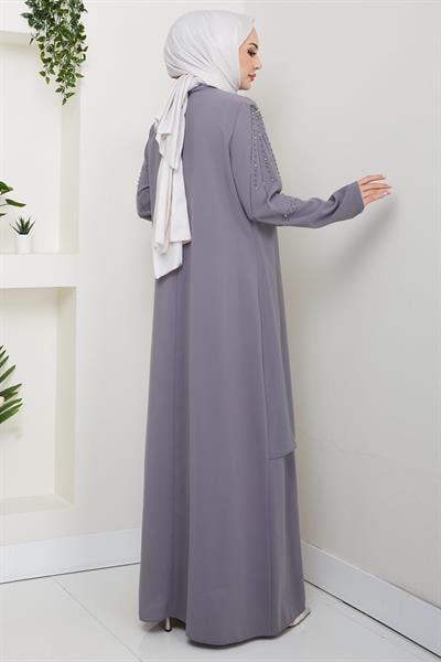 Büyük Beden Boncuklu Taşlı Anne Elbisesi Gri HM2693