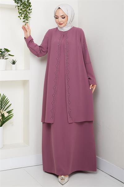 Büyük Beden Boncuklu Taşlı Anne Elbisesi Gül Kurusu HM2693