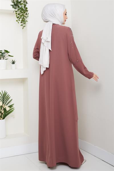 Büyük Beden Boncuklu Taşlı Anne Elbisesi Kiremit HM2693