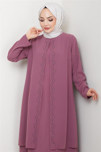 Büyük Beden Boncuklu Taşlı Anne Elbisesi Gül Kurusu HM2693