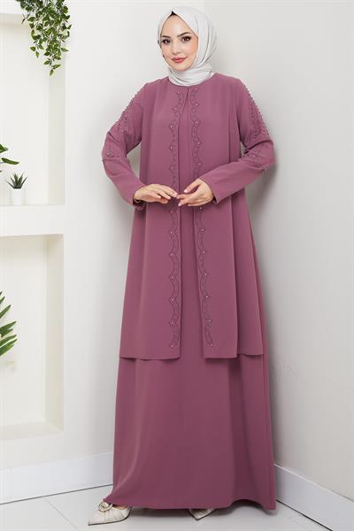 Büyük Beden Boncuklu Taşlı Anne Elbisesi Gül Kurusu HM2693