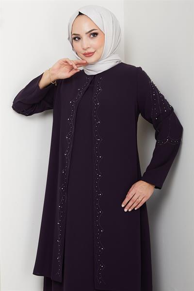 Büyük Beden Boncuklu Taşlı Anne Elbisesi Mor HM2693