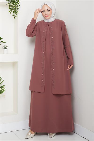 Büyük Beden Boncuklu Taşlı Anne Elbisesi Kiremit HM2693