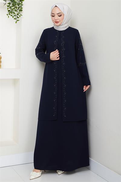 Büyük Beden Boncuklu Taşlı Anne Elbisesi Lacivert HM2693