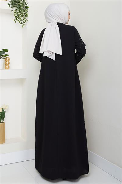 Büyük Beden Boncuklu Taşlı Anne Elbisesi Siyah HM2693