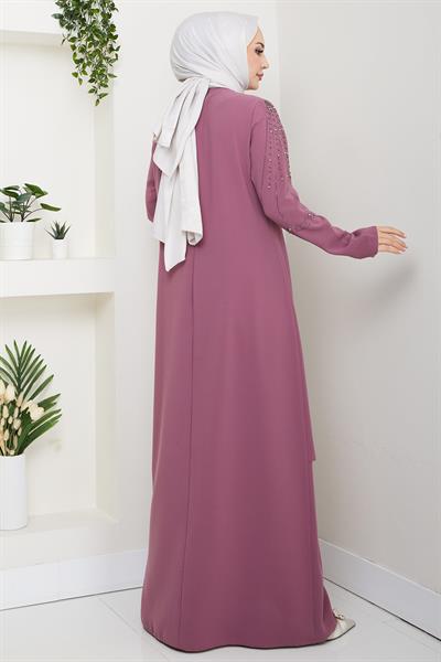 Büyük Beden Boncuklu Taşlı Anne Elbisesi Gül Kurusu HM2693