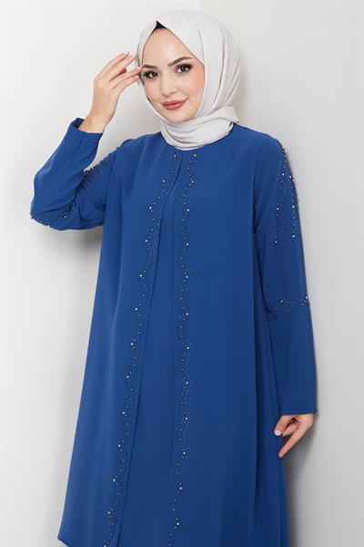Büyük Beden Boncuklu Taşlı Anne Elbisesi İndigo HM2693