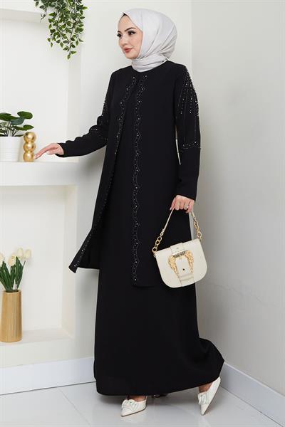 Büyük Beden Boncuklu Taşlı Anne Elbisesi Siyah HM2693