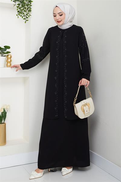 Büyük Beden Boncuklu Taşlı Anne Elbisesi Siyah HM2693