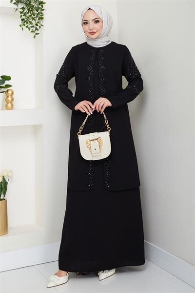 Büyük Beden Boncuklu Taşlı Anne Elbisesi Siyah HM2693