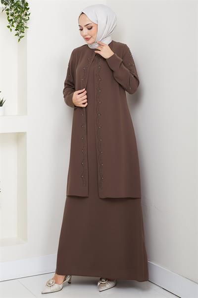 Büyük Beden Boncuklu Taşlı Anne Elbisesi Kahverengi HM2693