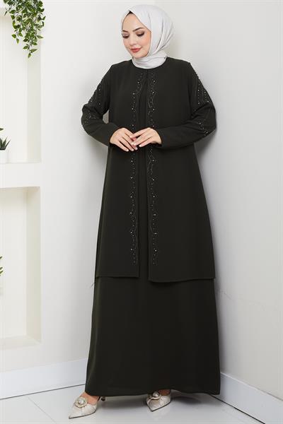 Büyük Beden Boncuklu Taşlı Anne Elbisesi Haki HM2693