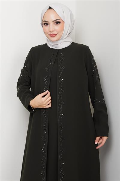 Büyük Beden Boncuklu Taşlı Anne Elbisesi Haki HM2693