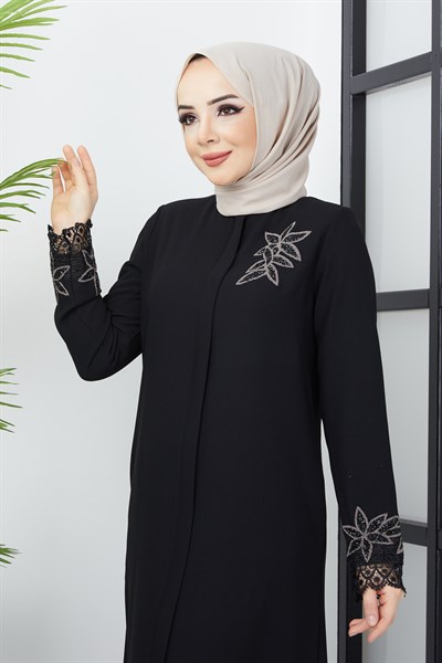 Büyük Beden Dantel Taş İşleme Detaylı Siyah Ferace