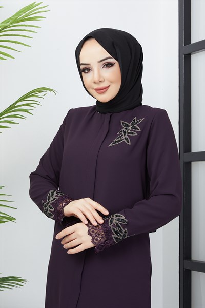 Büyük Beden Dantel Taş İşleme Detaylı Mürdüm Ferace