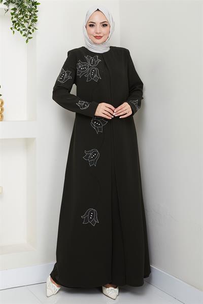 Büyük Beden Lale Taşlı Anne Elbisesi Haki HM2692