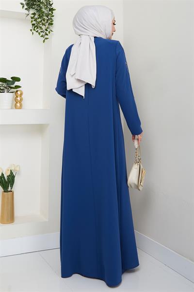 Büyük Beden Lale Taşlı Anne Elbisesi İndigo HM2692