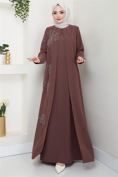 Büyük Beden Lale Taşlı Anne Elbisesi Kahverengi HM2692