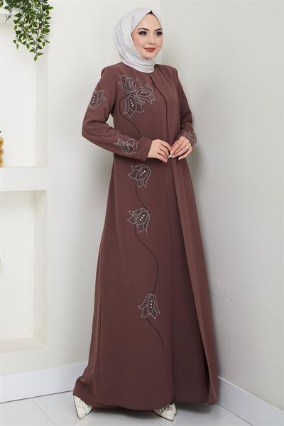 Büyük Beden Lale Taşlı Anne Elbisesi Kahverengi HM2692