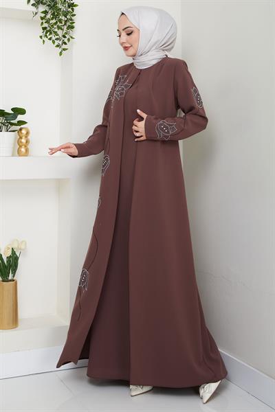 Büyük Beden Lale Taşlı Anne Elbisesi Kahverengi HM2692