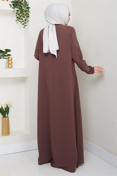 Büyük Beden Lale Taşlı Anne Elbisesi Kahverengi HM2692