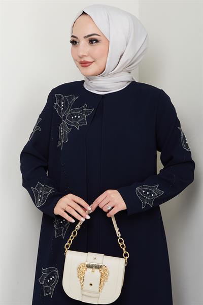 Büyük Beden Lale Taşlı Anne Elbisesi Lacivert HM2692