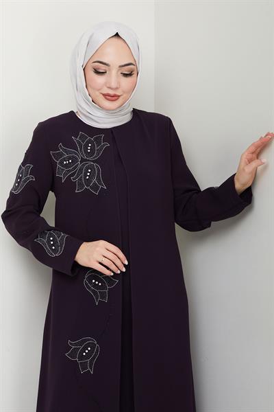 Büyük Beden Lale Taşlı Anne Elbisesi Mor HM2692