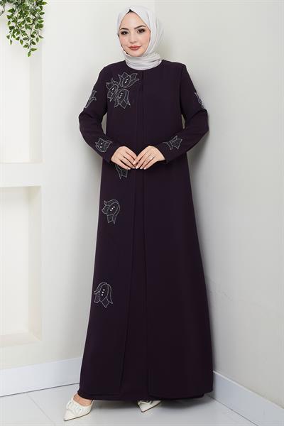 Büyük Beden Lale Taşlı Anne Elbisesi Mor HM2692
