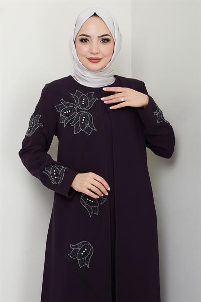 Büyük Beden Lale Taşlı Anne Elbisesi Mor HM2692