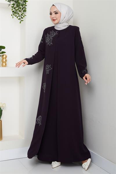Büyük Beden Lale Taşlı Anne Elbisesi Mor HM2692
