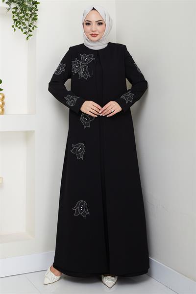 Büyük Beden Lale Taşlı Anne Elbisesi Siyah HM2692