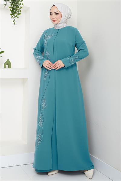 Büyük Beden Yaprak Taşlı Anne Elbisesi Mint HM2350