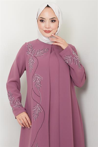 Büyük Beden Yaprak Taşlı Anne Elbisesi Gül Kurusu HM2350