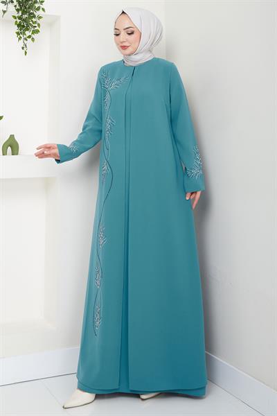 Büyük Beden Yaprak Taşlı Anne Elbisesi Mint HM2350