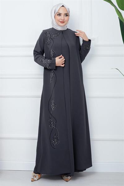 Büyük Beden Yaprak Taşlı Anne Elbisesi Füme HM2350