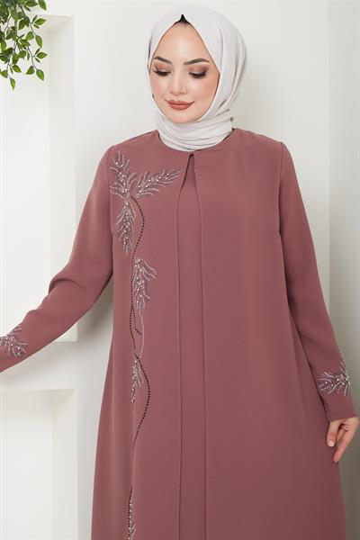 Büyük Beden Yaprak Taşlı Anne Elbisesi Kiremit HM2350